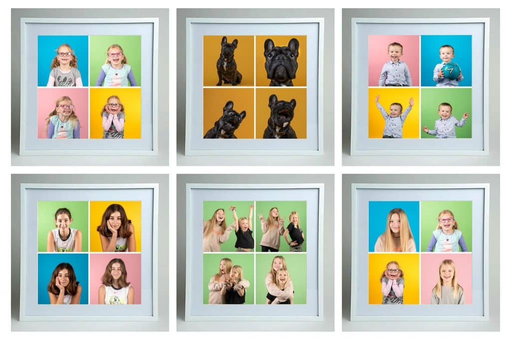 a display of brightly coloured framed Newquay family photographs