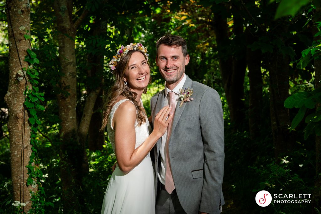Cornish wedding couple portraits in the woods at Cornish Lavender